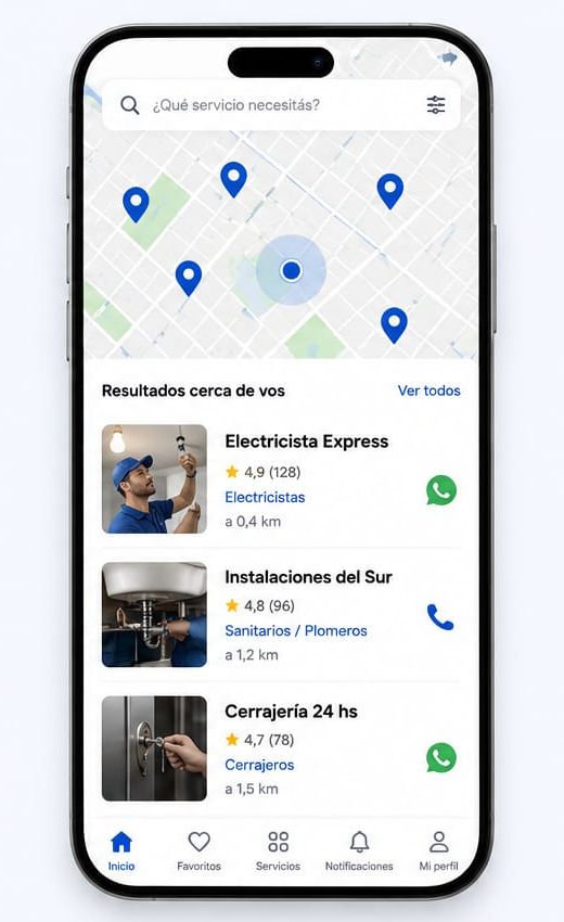 Mapa de profesionales cercanos en la app ServiClic